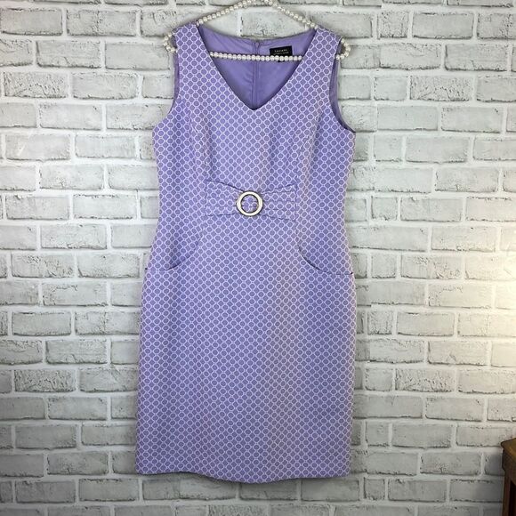 Tahari Arthur S Levine Purple Geo Print Dress Sleeveless Size 10 Mock Belt - Picture 1 of 9